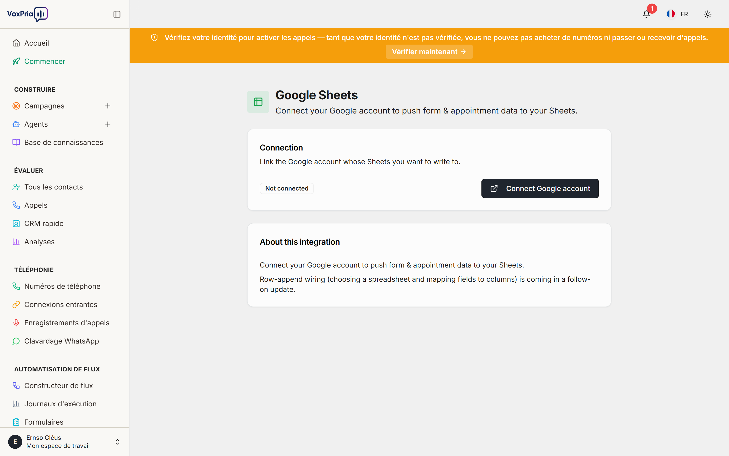 Intégration Google Sheets de VoxPria