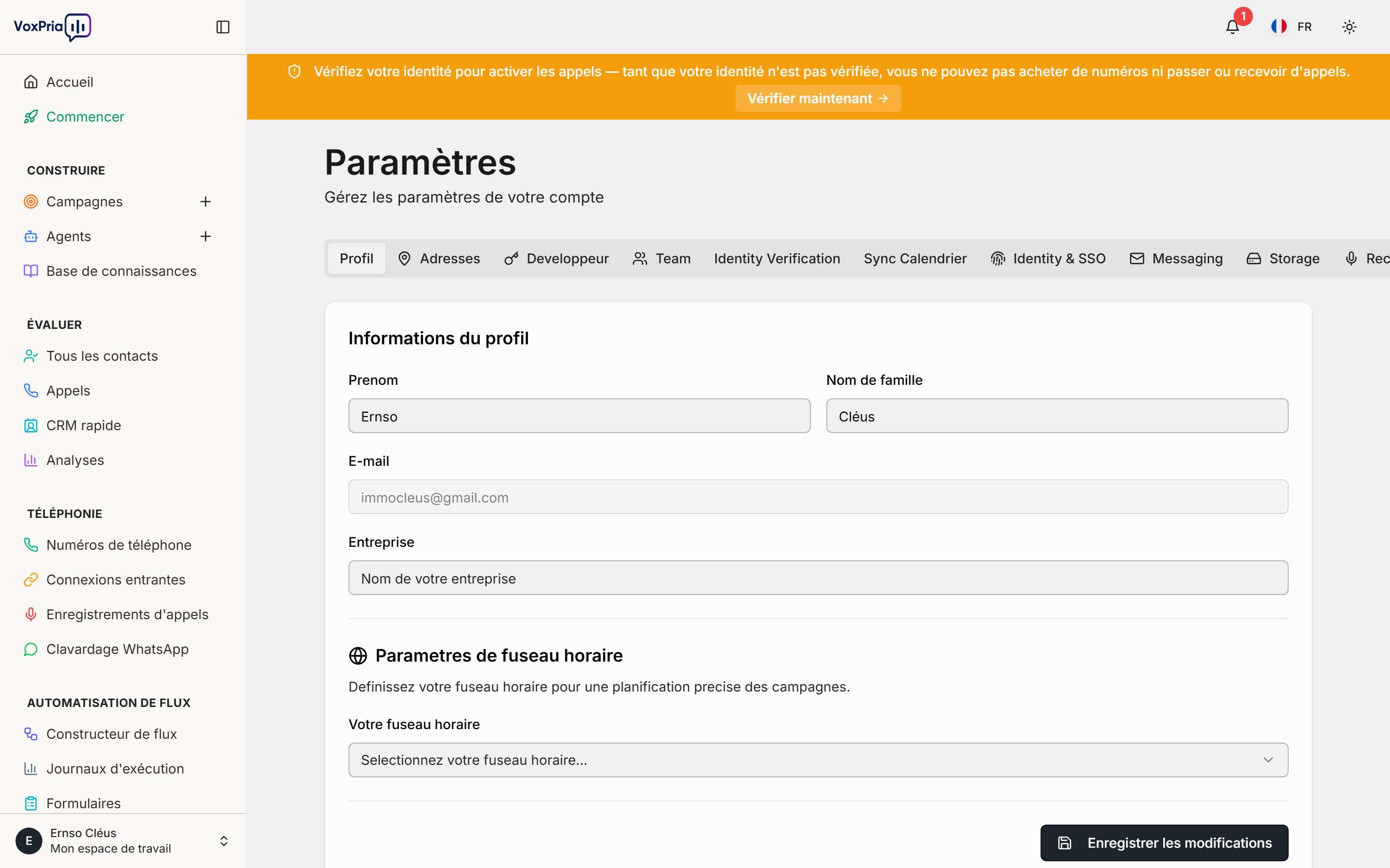 Paramètres du compte VoxPria