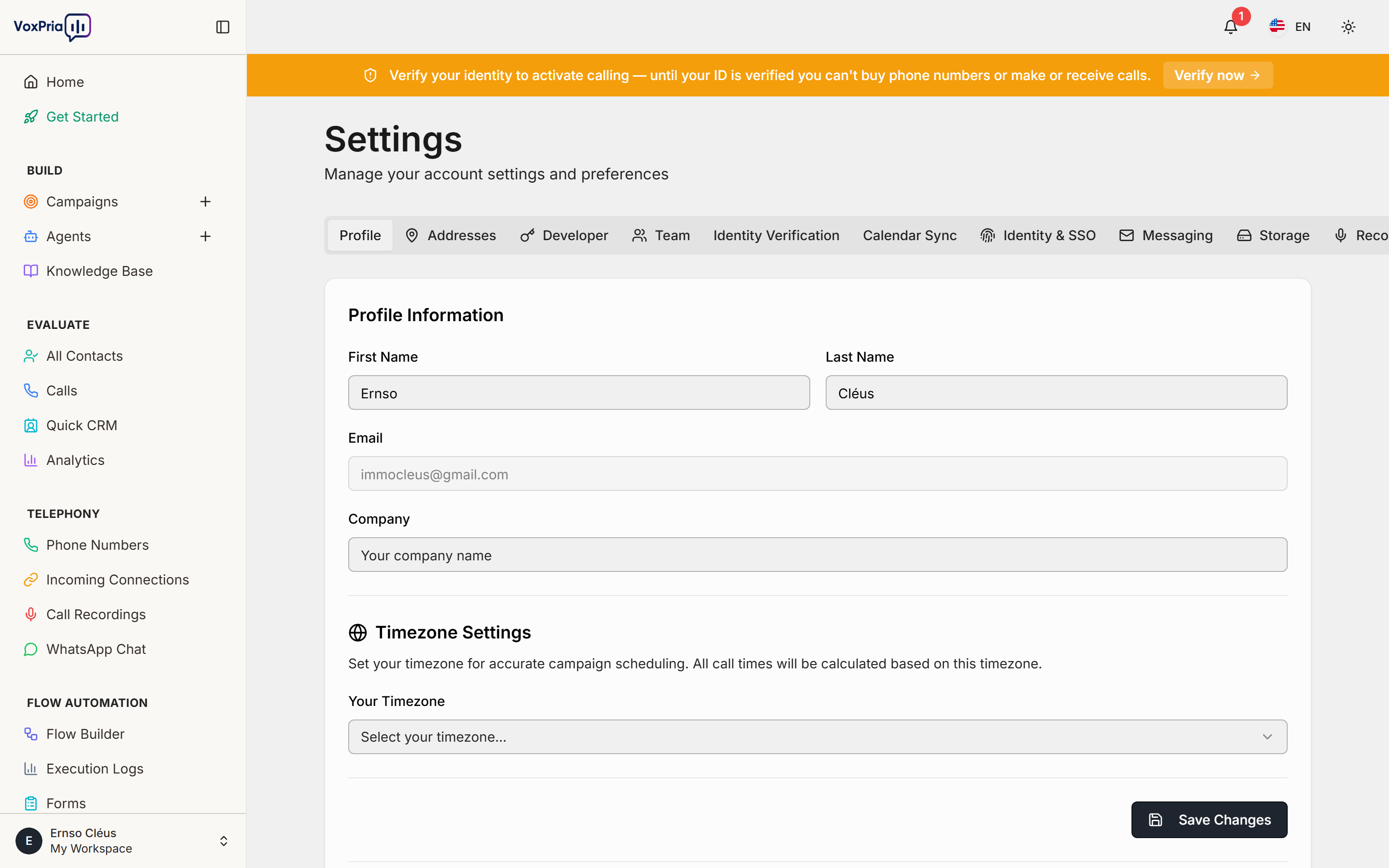 VoxPria Account Settings